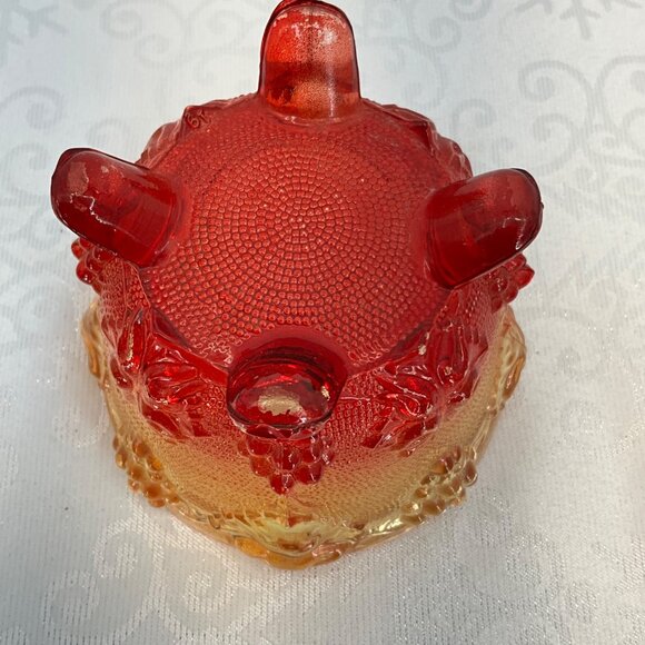 Vintage Amberina Glass Grape Leaf Footed Bowl Glows Orange - Picture 5 of 10